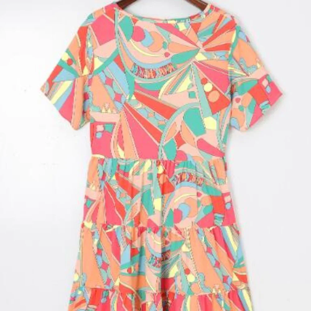 Multicolor Abstract Geometric Print Tassel Tie Flared Dress - Picture 2 of 6